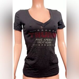 Trump MAGA Rhinestone Bling T-shirt Top V-neck S/S Fitted Stretchy Glam Rally